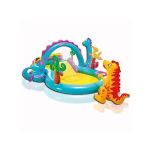 Intex Inflatable Dinoland Play Centre for Kids,Size119in X 90in X 44in|Moveable Dino Arch Sprayer, Slide and Splash Water Park|Outdoor & Indoor Bathtub| Ball Roller Games Multicolor