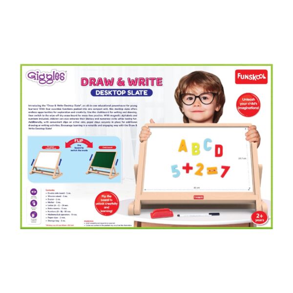 Giggles Funskool Draw N Write Desktop Slate, 4in1 Double Sided Chalk Board for Kids, Alphabet & Numbers, Encourages Learning & Development, Preschool Activity Set, Gift Set for Kid, Ages 3+ Years - Image 7