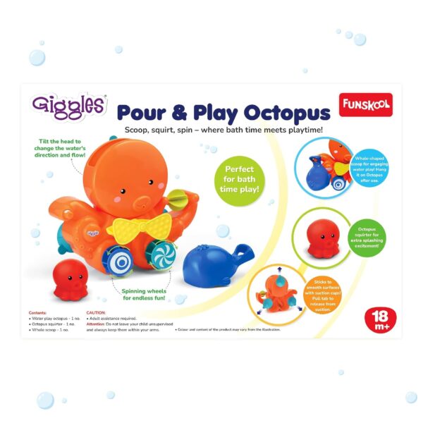 Giggles Funskool Pour & Play Octopus, Bath Toy for Babies, Infants & Toddlers, with Pop-Up Waterproof Suction Cup, Water Play Activity &Multicolor, Gift Set for Kids, Age 2+ Years - Image 6
