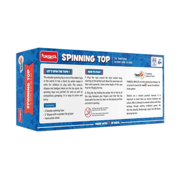 Funskool Games, Spinning top, Spin and Win, Traditional Outdoor Games of India, 2 Traditional Wooden Spinning top, Outdoor and Indoor Toy, Toys for Kids, 1-2 Players, Ages 6 and Above,Multicolor - Image 6
