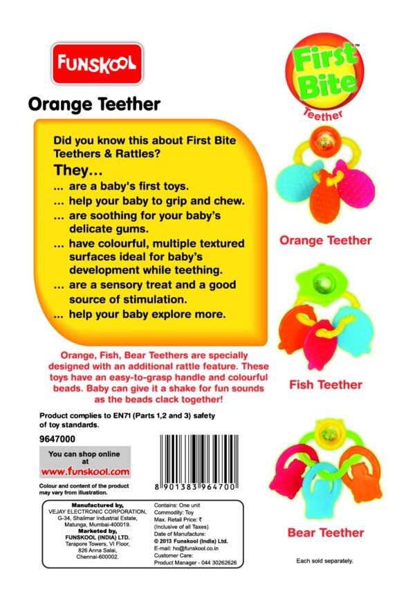 Giggles Funskool Plastic-Orange Teether,Teether For Babies To Sooth Their Gums,Easy To Grasp And Chew With Rattle Sounds,3 Months&Above,Infant Toys - Image 3