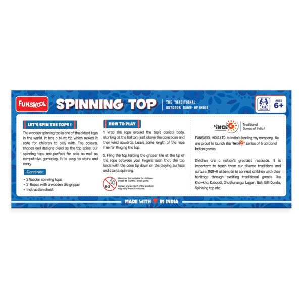 Funskool Games, Spinning top, Spin and Win, Traditional Outdoor Games of India, 2 Traditional Wooden Spinning top, Outdoor and Indoor Toy, Toys for Kids, 1-2 Players, Ages 6 and Above,Multicolor - Image 4