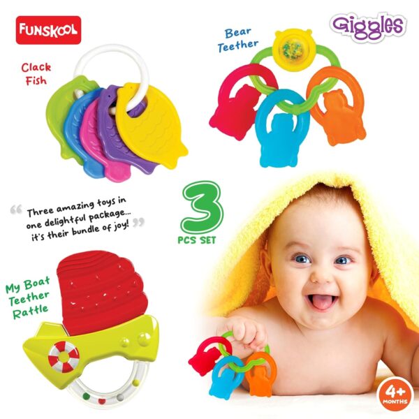 Giggles - Baby's Best Friend, Ideal Gift Pack for Infants, 3 pcs Set, Teethers and Rattles, Multicolor Baby Toy Gift Set for New Born, 4 Months and Above - Image 4