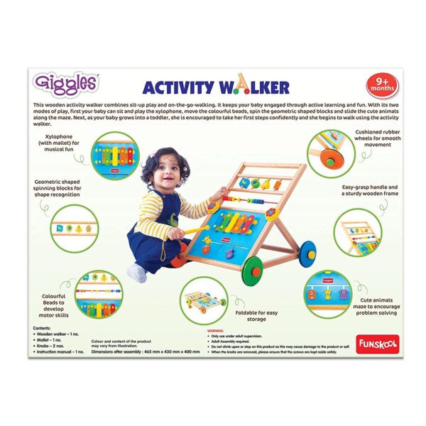 Giggles Funskool Activity Walker for Baby, Learning Toy for Kids with Xylophone, Animal Maze, Counting Beads & Shape Spinner, Build Motor Skill & Encourage Walking, Gift for Infants, Ages 9+ Months - Image 3