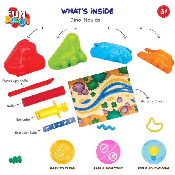 Funskool Fundough Playset Dino Ville, Pretend Play, Mould to Make Dinosaurus from Dough, 4 tubs of Dough, Toys for Kids, Shaping, Sculpting, 3 Years and Above,Multicolor - Image 4