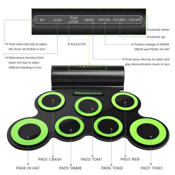 Electronic Drum Pad, Kids 9 Pads Roll Up Beginner Portable Electric Drum Set with Dual Speaker, MIDI, Foot Pedals, Drum Sticks, Great Holiday Birthday Gift for Kids Beginners - Image 4