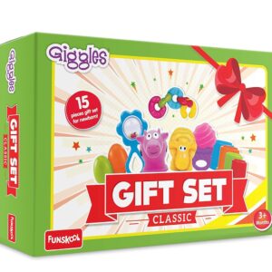 Giggles Funskool - Gift Set Classic, Gift for New Born Baby,Multicolor Baby Toy Stackable Blocks for New Born, Stack,Nest,Link,Squeakers,Teether,Rattle, 6 Months & Above, Infant Toys, 15 Pcs