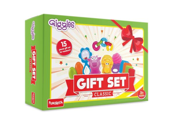 Giggles Funskool - Gift Set Classic, Gift for New Born Baby,Multicolor Baby Toy Stackable Blocks for New Born, Stack,Nest,Link,Squeakers,Teether,Rattle, 6 Months & Above, Infant Toys, 15 Pcs