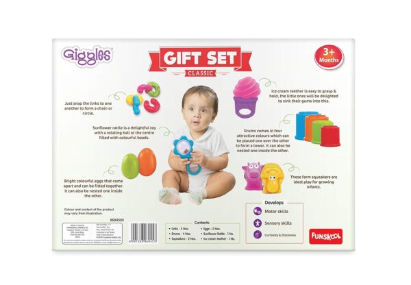Giggles Funskool - Gift Set Classic, Gift for New Born Baby,Multicolor Baby Toy Stackable Blocks for New Born, Stack,Nest,Link,Squeakers,Teether,Rattle, 6 Months & Above, Infant Toys, 15 Pcs - Image 3