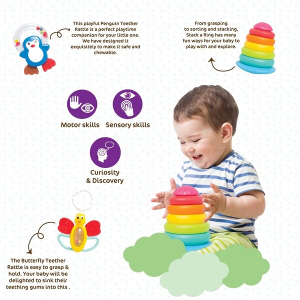 Funskool Plastic Giggles, Baby's Gift Set,Multicolor Baby Toy Gift Set for New Born, Stacking Rings,Teether,Rattle, 6 Months & Above, Infant Toys - Image 5