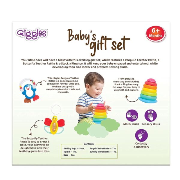 Funskool Plastic Giggles, Baby's Gift Set,Multicolor Baby Toy Gift Set for New Born, Stacking Rings,Teether,Rattle, 6 Months & Above, Infant Toys - Image 6