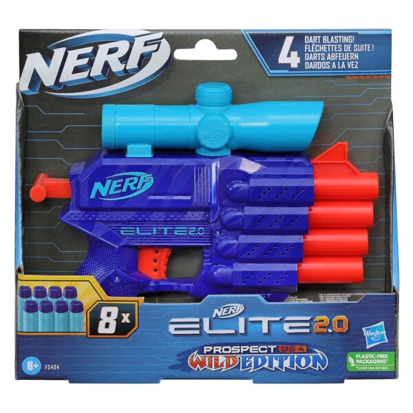 Nerf Elite 2.0 Prospect Qs-4 Blaster, Wild Edition Color Design, 8 Nerf Elite Darts, 4-Dart Blasting, Targeting Scope, Pull Back Priming,Multicolor